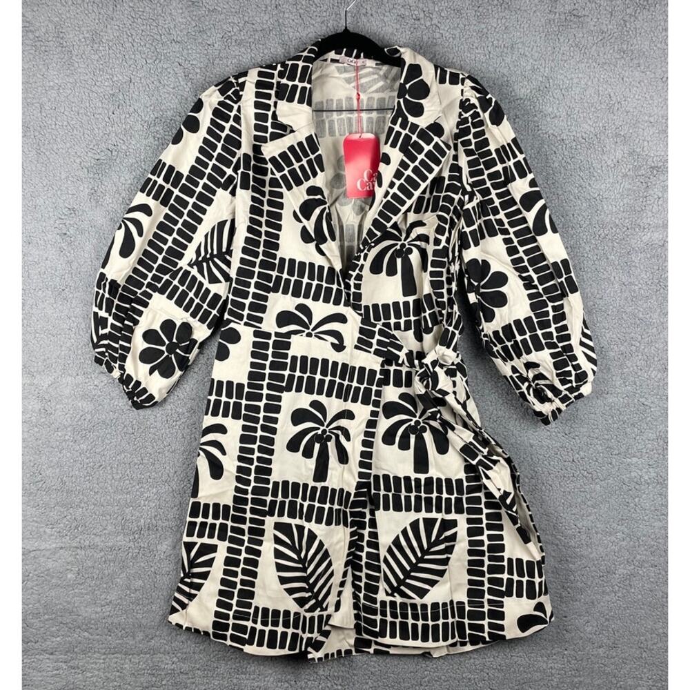 CaCay Women's Medium Off White Black Palm Leaf Puff Sleeve Belted Wrap Dress